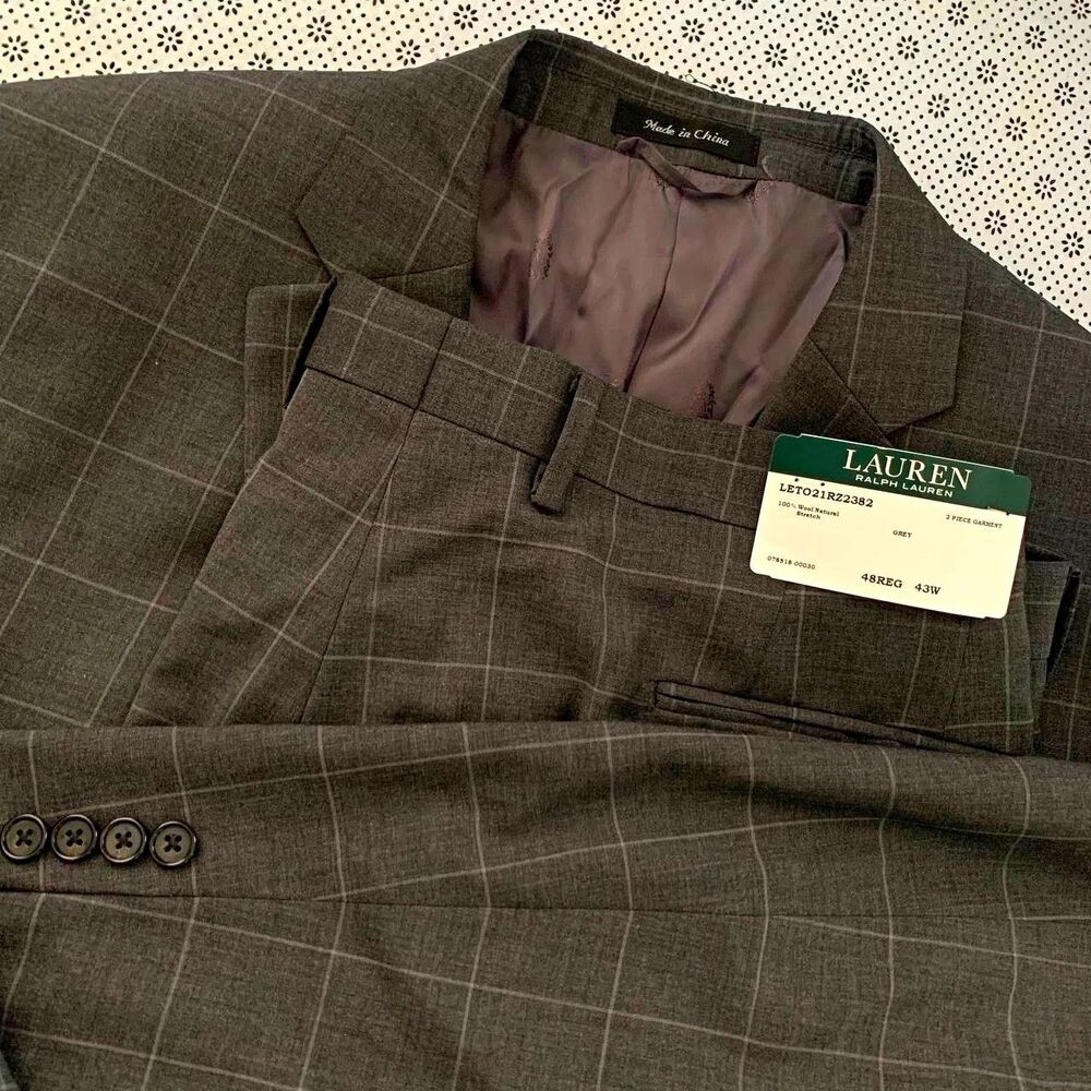 Lauren Ralph Lauren 48R Grey Windowpane 100% Wool 2-Piece Suit 43W Pants NWT